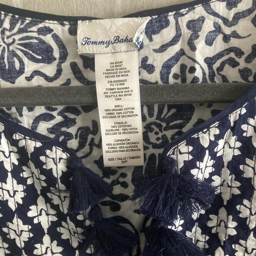 Tommy Bahama Navy and White Printed Midi Dress Cover-Up with Tassel Detail - Picture 3 of 3